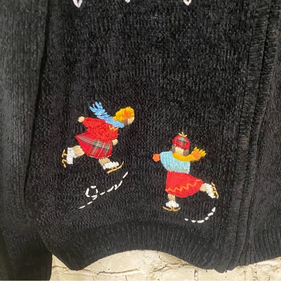 Vtg Alfred Dinner Black Chenille Snowflake Ice Skating Zip Up Sweater - Picture 4 of 7